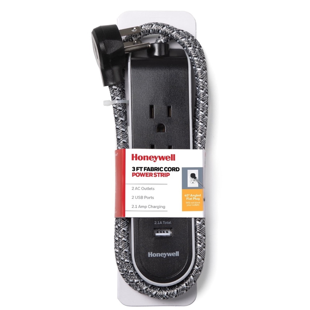 Honeywell 2 AC Outlet Fast Charge 2 USB Port 3 ft. Fabric Cord Power Strip NWT